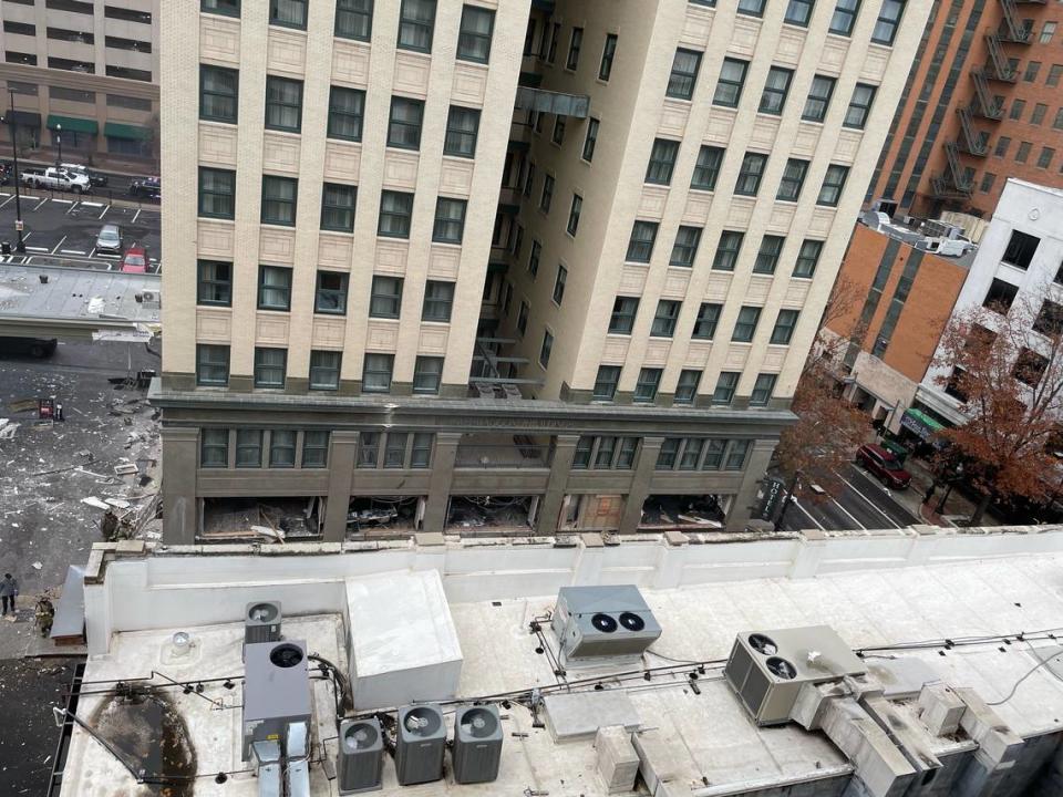 An explosion rocked the Sandman Hotel at 810 Houston St. in downtown Fort Worth on Monday. This view is from the Houston Place Lofts.