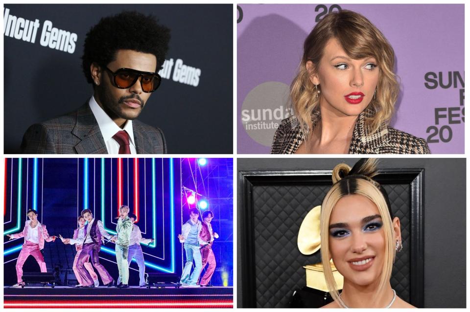 Clockwise from top left: The Weeknd, Taylor Swift, Dua Lipa and BTS (Rex)