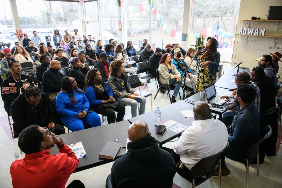 Carrie Jackson speaks at Community Conversations: A Panel Discussion on Saturday, Feb. 11, 2023, at Rowan Skate Center. The discussion stems from the beating death of Tyre Nichols, a 29-year-old Black man, at the hands of Memphis police officers.