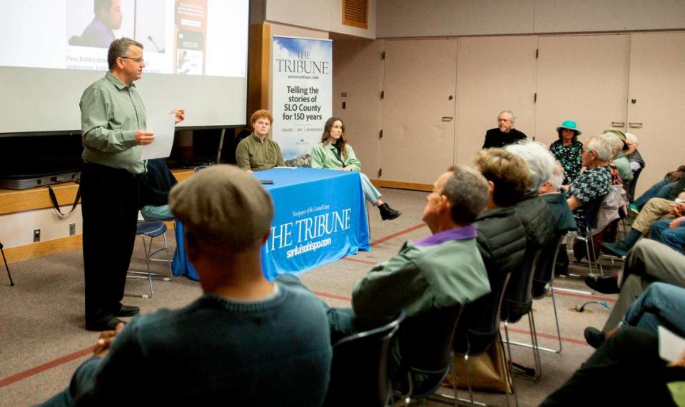 The Tribune hosted a forum at the San Luis Obispo Library on Tuesday, March 26, 2024, about why print is reducing to two days a week and how to use the Tribune eEdition. Editor Joe Tarica introduced the Tribune staff and held a question-and-answer session for more than 60 attendees.