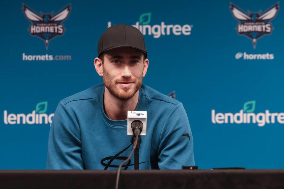 Hornets guard Gordon Hayward during interviews wrapping up the end of the Hornets’ season at Spectrum Center on Monday, April 10, 2023.