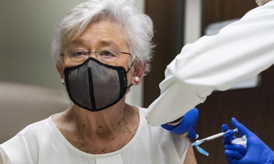 The Alabama governor, Kay Ivey, receives her second Covid vaccine shot earlier this year