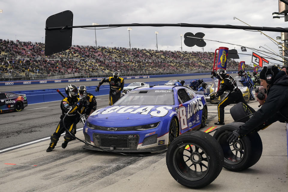 Kyle Busch (8) makes a pit stop during a NASCAR Cup Series auto race at Auto Club Speedway in Fontana, Calif., Sunday, Feb. 26, 2023. (AP Photo/Jae C. Hong)