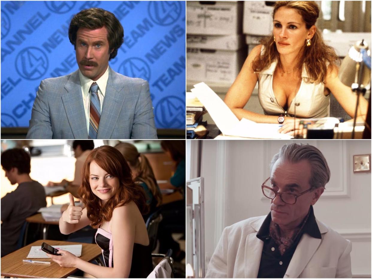 Clockwise from top left: Will Ferrell in 'Anchorman', Julia Robert in 'Erin Brockovich', Daniel Day Lewis in 'Phantom Thread' and Emma Stone in 'Easy A'