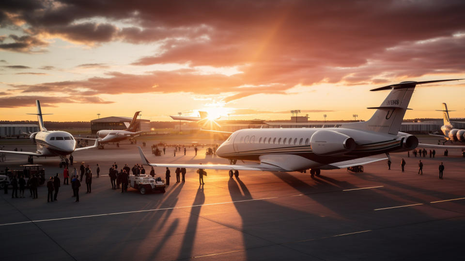 An aerial shot of a busy airport, showcasing the private aviation services of the company.