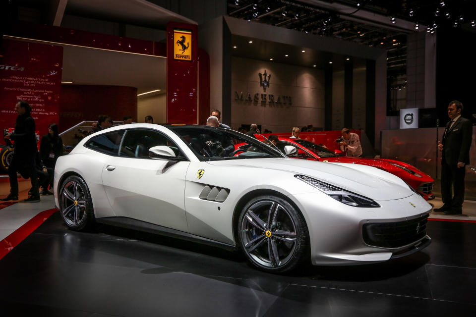 The Ferrari GTC4 Lusso on display at the 86th Geneva International Motorshow at Palexpo in Switzerland, March 2, 2016. (Photo by Gerlach Delissen/Corbis via Getty Images)