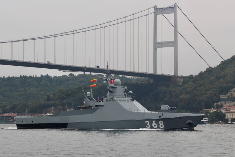 FILE PHOTO: Russian Navy patrol ship Vasily Bykov sails in the Bosphorus, on its way to the Mediterranean Sea, in Istanbul