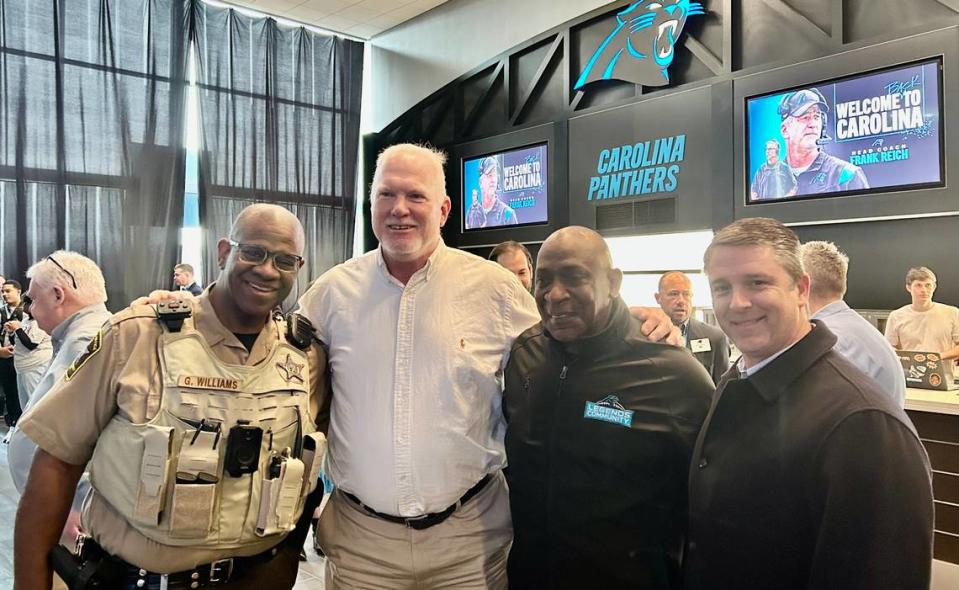 In January 2023, a number of former Carolina Panthers teammates of new head coach Frank Reich showed up to support him. All played alongside Reich for the Panthers’ first team, in 1995. Among the former teammates (L to R) were Gerald Williams, Pete Metzelaars, Dwight Stone and John Kasay.