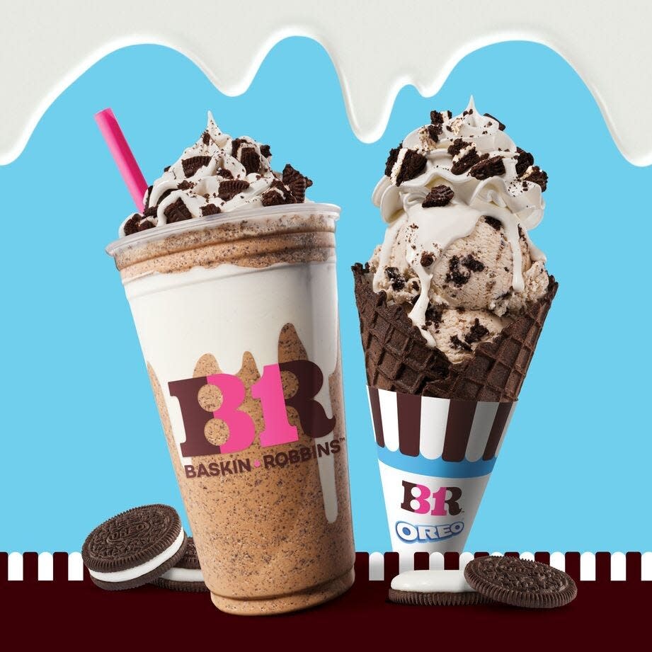 New in July at Baskin-Robbins is the Oreo Mega Stuf Cone, at right, an Oreo waffle cone with Oreo creme, two scoops of Baskin-Robbins’ classic Oreo Cookies ‘n Cream Ice Cream, and topped with whipped cream and Oreo cookie pieces. There's also an Oreo Mega Stuf Cappuccino Blast, with drizzled Oreo creme.