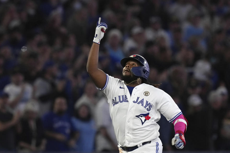 Toronto Blue Jays' Vladimir Guerrero Jr. celebrates his three-run home run against the Boston Red Sox during the third inning of a baseball game Friday, Sept. 15, 2023, in Toronto. (Chris Young/The Canadian Press via AP)