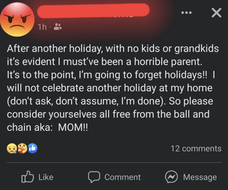 Social media post expressing frustration about holidays and freeing family from obligations, with mixed reactions