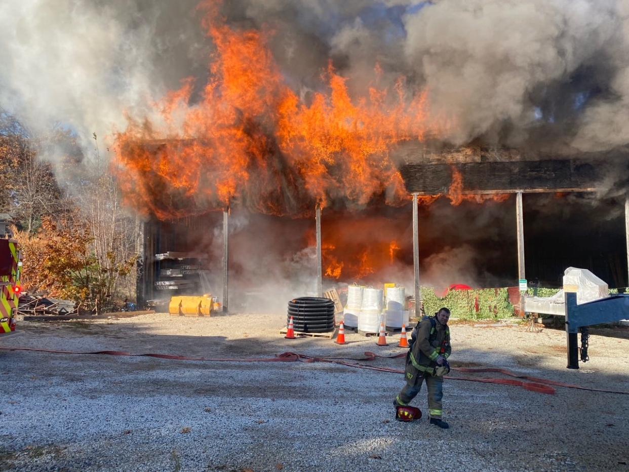 A fire destroyed a shed and at least one boat inside at 185 Wentworth Road in Portsmouth Monday, Nov. 8, 2021.