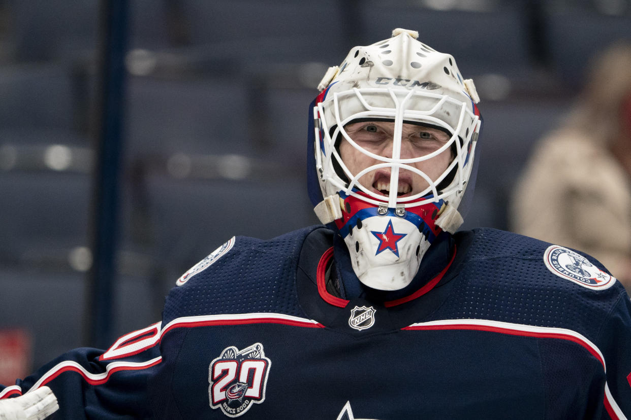 COLUMBUS, OH - MAY 08: Matiss Kivlenieks #80 of the Columbus Blue Jackets looks on during the game between the Columbus Blue Jackets and the Detroit Red Wings at Nationwide Arena in Columbus, Ohio on May 8, 2021. (Photo by Jason Mowry/Icon Sportswire via Getty Images)