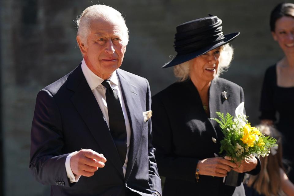 King Charles III and the Queen Consort leave Llandaff Cathedral in Cardiff, following a service of prayer and reflection for the life of Queen Elizabeth II (PA Wire)