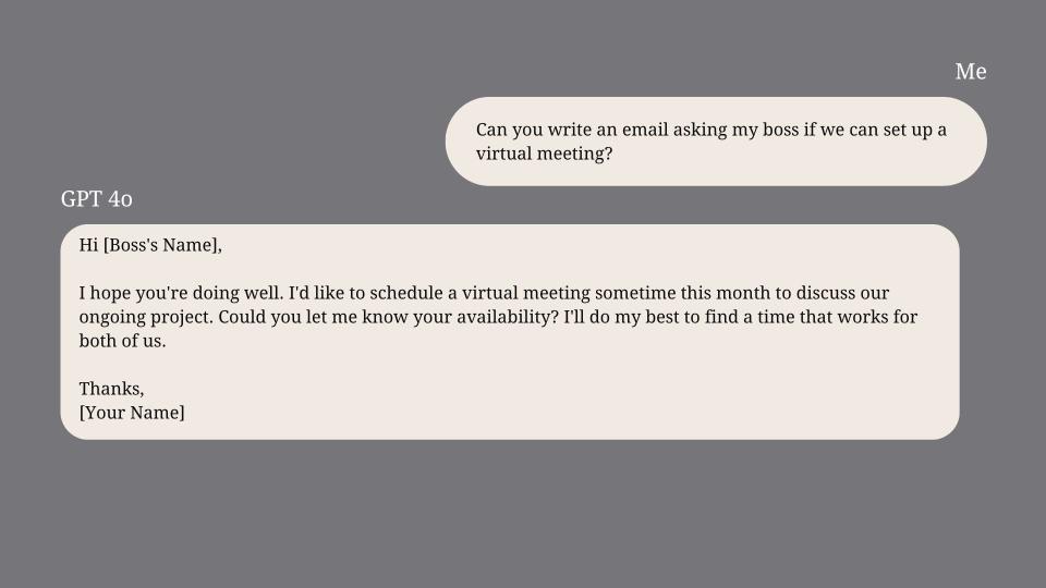 A text recreation of a conversation between the author and GPT 4o. The author is asking the chatbot to write an email to set up a virtual meeting with a boss.