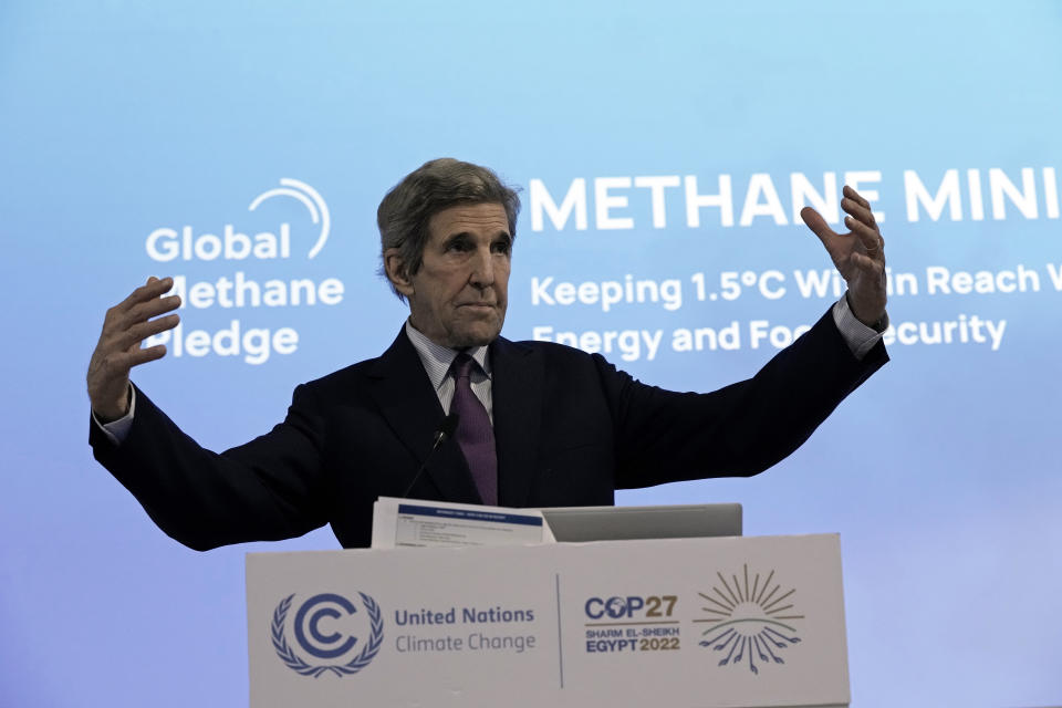 U.S. Special Presidential Envoy for Climate John Kerry speaks during a session on the Global Methane Pledge at the COP27 U.N. Climate Summit, Thursday, Nov. 17, 2022, in Sharm el-Sheikh, Egypt. (AP Photo/Nariman El-Mofty)