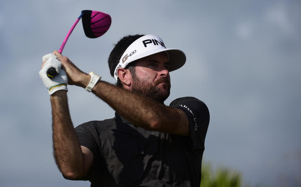 U.S. golfer Bubba Watson hits from the 16th tee during the last round of the Hero World Challenge at Albany Golf Club in Nassau, Bahamas, Sunday, Dec. 2, 2018. (AP Photo/Dante Carrer)