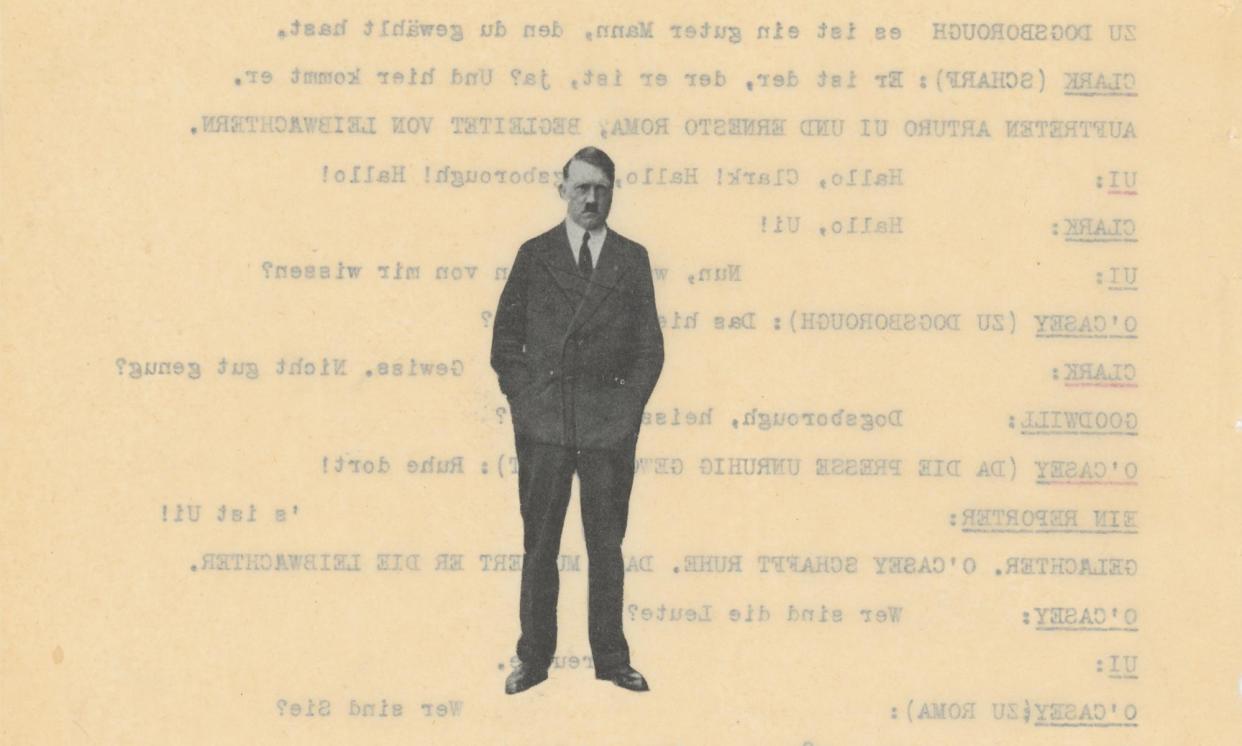 <span>Dictators as gangsters … a cut-out of Hitler adorns a manuscript of The Resistible Rise of Arturo Ui, Brecht’s allegory about the Führer’s path to power.</span><span>Photograph: Courtesy the Bertolt Brecht Archive, Akademie der Künste, Berlin</span>