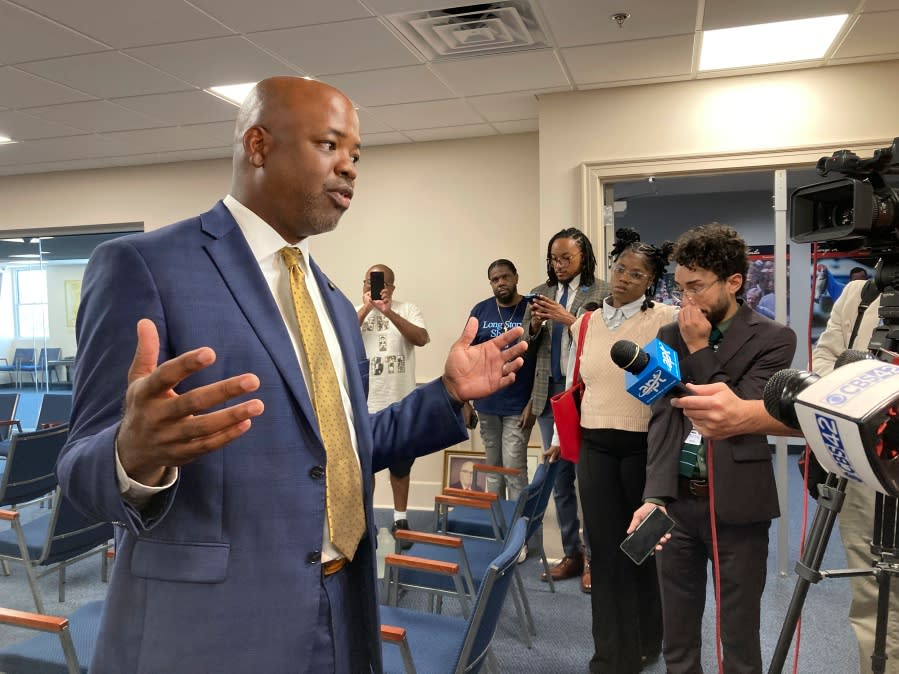 Alabama state Rep. Chris England, D-Tuscaloosa, discusses his objections to a redistricting plan for the state’s seven congressional districts on Friday, July 21, 2023, at the Alabama Statehouse in Montgomery, Ala. (AP Photo/Jeff Amy)