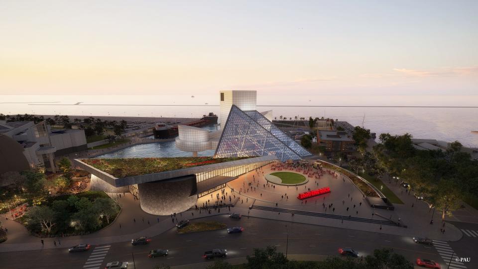 A rendering of an expansion project that would double the size of the Rock and Roll Hall of Fame in Cleveland.