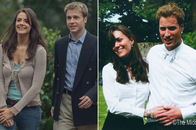 <p>Justin Downing/Netflix ; Middleton Family/Clarence House/Getty</p> Meg Bellamy and Ed McVey in 'The Crown' Season 6 ; Kate Middleton and Prince William on the day of their graduation ceremony at St Andrew's University on June 23, 2005.