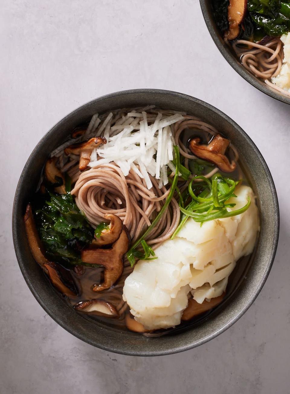 <p>Earthy soba noodles ground this delicate <a href="https://www.delish.com/content/soup-recipes/" rel="nofollow noopener" target="_blank" data-ylk="slk:soup" class="link ">soup</a> made with a light and flavorful <em>awase dashi</em> (AKA Japanese seafood stock) and flaky cod. It’s sophisticated enough for a dinner party, easy enough for a <a href="https://www.delish.com/weeknight-dinners/" rel="nofollow noopener" target="_blank" data-ylk="slk:weeknight dinner" class="link ">weeknight dinner</a>, and gentle enough to soothe a stomachache or persistent cold.</p><p>Get the <strong><a href="https://www.delish.com/cooking/a38239087/soba-noodles-recipe/" rel="nofollow noopener" target="_blank" data-ylk="slk:Soba Cod & Mushroom Soup recipe" class="link ">Soba Cod & Mushroom Soup recipe</a></strong>.</p>