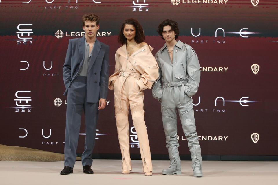 seoul, south korea february 21 l r austin butler, zendaya and timothee chalamet attend the press conference for dune part two on february 21, 2024 in seoul, south korea photo by chung sung jungetty images