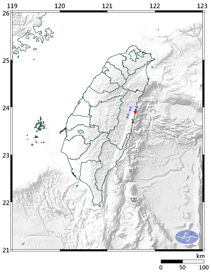 花蓮壽豐晚間9時發生規模3.1地震，最大震度3級。（氣象局）