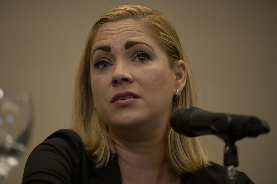 Cuban Mavys Alvarez, who had a sentimental relationship with late Argentine football star Diego Maradona (1960 - 2020) when she was a minor, speaks during a press conference to international news agencies.