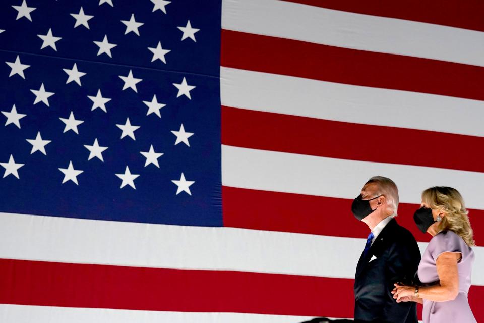 Democratic presidential candidate former Vice President Joe Biden and his wife Jill Biden watch fireworks during the fourth day of the Democratic National Convention, Thursday, Aug. 20, 2020, at the Chase Center in Wilmington, Del.