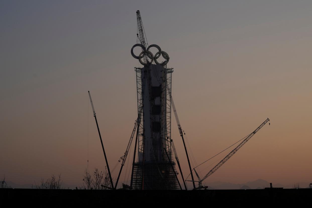 The Olympic Rings are assembled onto of a tower on the outskirts of Beijing, China. Beijing will host the Winter Olympics in less than a month's time, making it the world's first dual Olympic city by hosting both the Summer and Winter games.