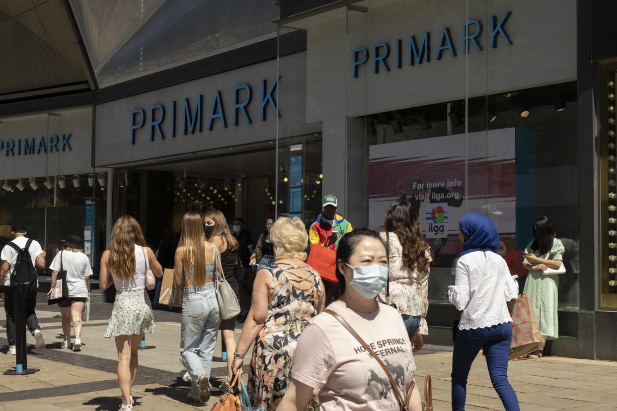 As the coronavirus restrictions continue and the government is about to announce an extension to the original 'freedom day' planned for June, slowing the process of easing, more and more people begin to come to the city centre, seen here outside Primark near the Bullring shopping centre on 15th June 2021 in Birmingham, United Kingdom. After months of lockdown, the first signs that life will start to get back to normal continue, with more people enjoying the company of others in public, while uncertainty continues for a projected further month, which is being dubbed 'The final push'. (photo by Mike Kemp/In Pictures via Getty Images)