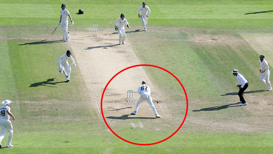 Nathan Lyon, pictured here missing the crucial runout.