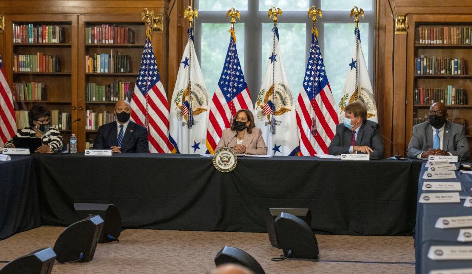 Vice President Kamala Harris speaks at the Indiana State Library, Indianapolis, Monday, July 25, 2022, during her visit on the day or the Indiana Statehouse’s special session. 