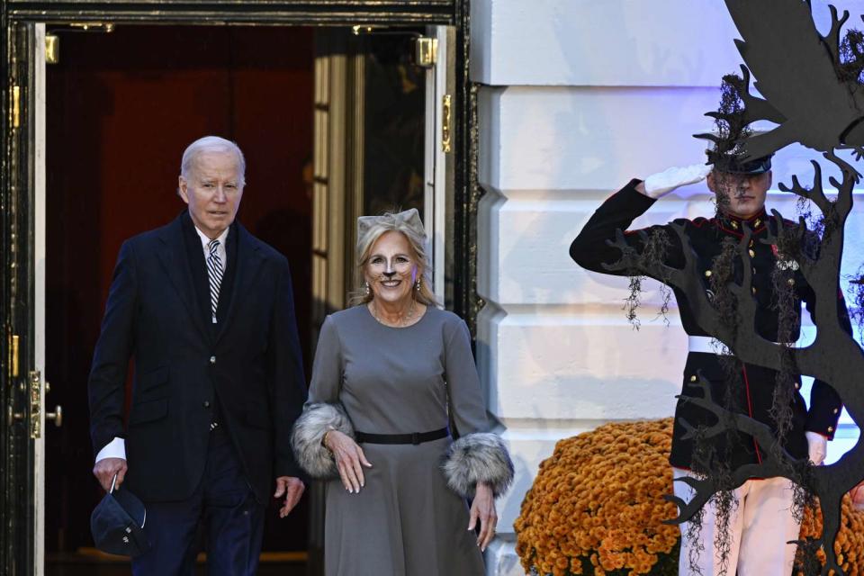 <p>Celal Gunes/Anadolu via Getty </p> Joe Biden (left), Jill Biden on Halloween 2023 at the White House