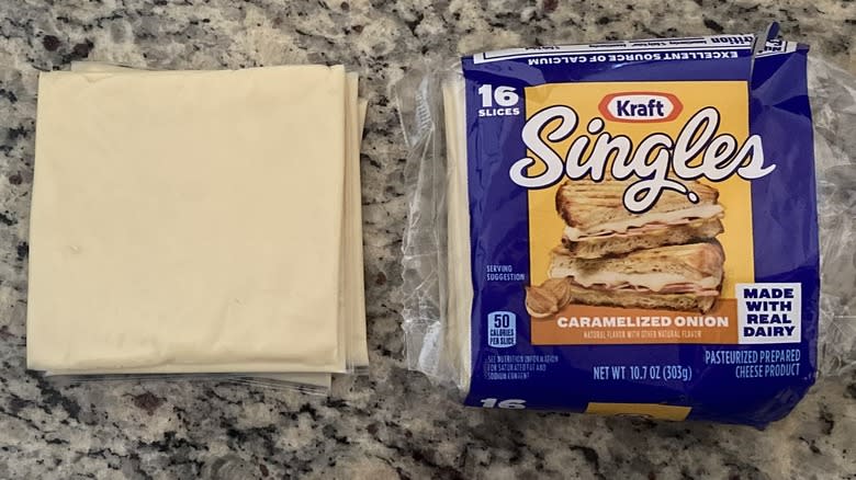 Caramelized Onion Kraft Singles beside package