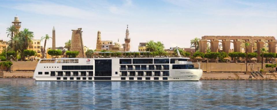 Promotional image of the Viking Osiris river cruise ship on the Nile in Cairo, Egypt.