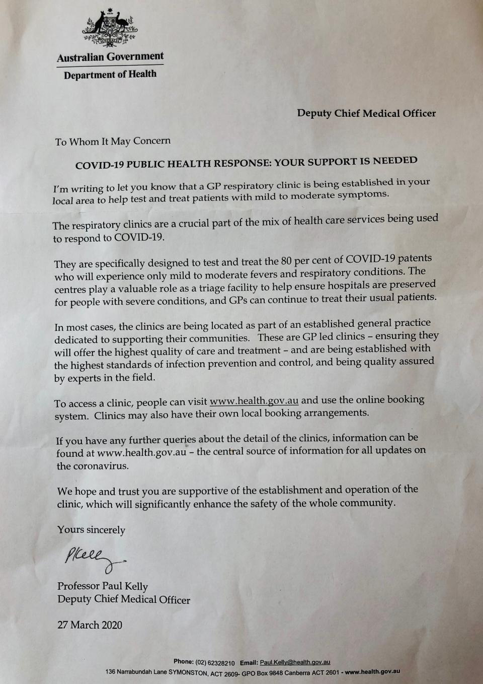 Pictured is an official Department of Health letter sent to residents about a coronavirus testing clinic. 