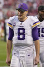 Minnesota Vikings quarterback Kirk Cousins (8) walks off the field after the Vikings were defeated by the San Francisco 49ers in an NFL football game in Santa Clara, Calif., Sunday, Nov. 28, 2021. (AP Photo/Tony Avelar)