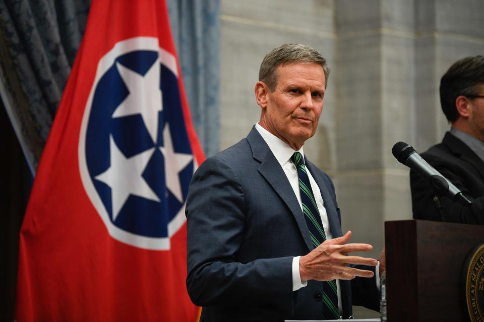 Gov. Bill Lee holds a second news conference in a week on the state's efforts to revamp how it funds education on Thursday, Feb. 10, 2022 at the Tennessee state Capitol in Nashville, Tenn.