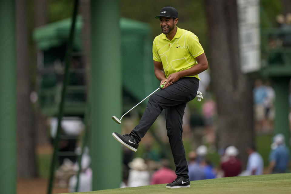 Tony Finau reacts after missing an eagle putt on the 15th hole during the second round of the Masters golf tournament on Friday, April 9, 2021, in Augusta, Ga. (AP Photo/David J. Phillip)