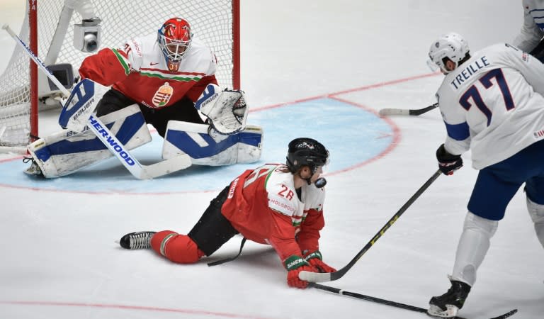 Hungary's defender Kevin Wehrs (C) blocks a shot from France's forward Sacha Treille (R) in front of Hungary's goalie Miklos Rajna (L) during the group B preliminary round game in St. Petersburg on May 10, 2016