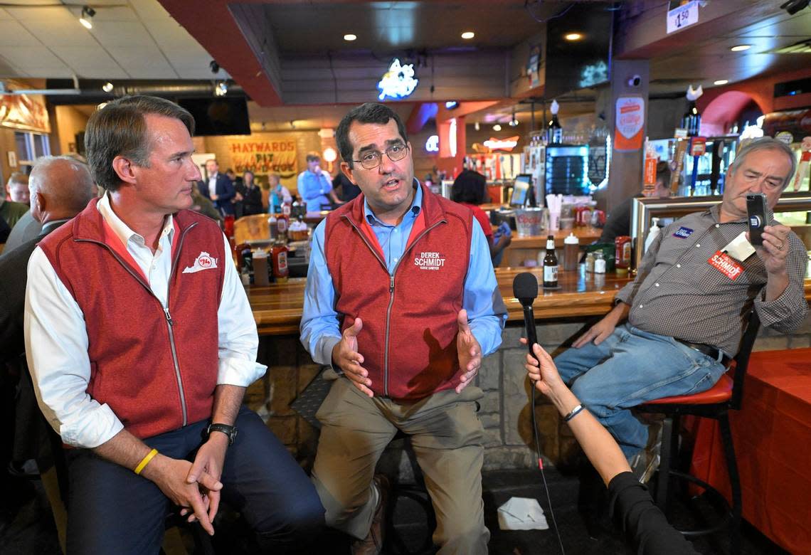 Virginia Governor Glenn Youngkin and Kansas Attorney General Derek Schmidt, the Republican nominee for Governor, sat for a Fox News interview after a campaign event Thursday, Sept. 22, 2022, at Hayward’s Pit Bar B Que in Shawnee. The event was hosted by the Kansas Republican Party.