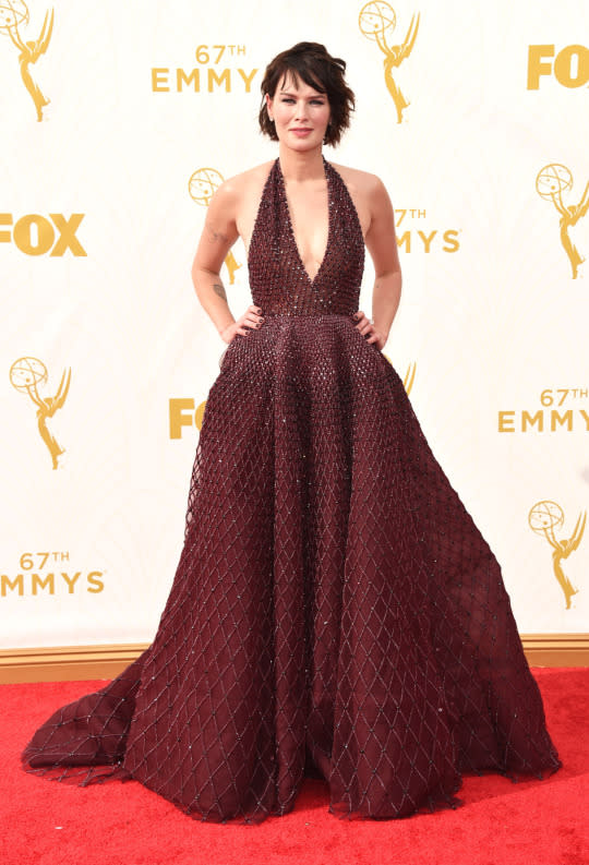 Lena Headey in Zuhair Murad at the 2015 Emmys Awards.