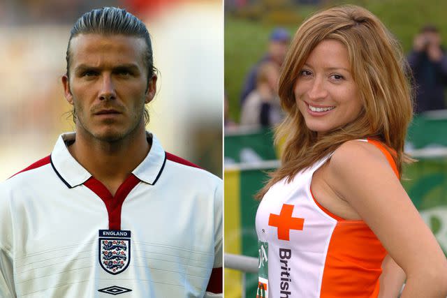 <p>Jamie McDonald/Getty; David Lodge/FilmMagic</p> David Beckham at the Euro 2004 qualifying match on Sept. 6, 2003, in Skopje, Macedonia; Rebecca Loos at the 2006 Flora London Marathon in London, England.