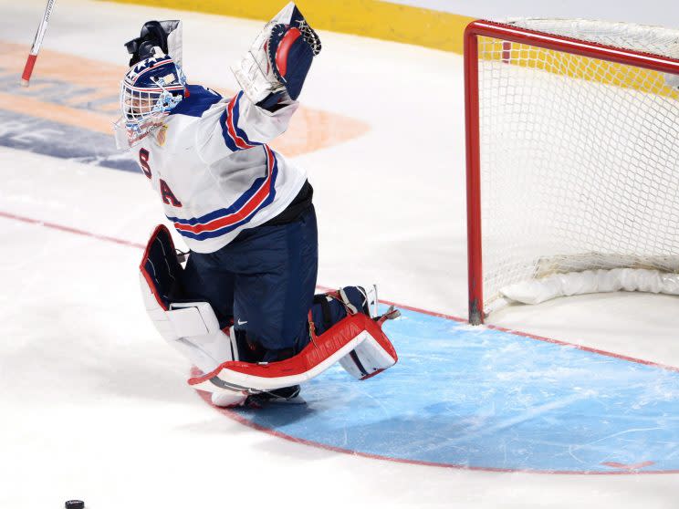 American goalie Tyler Parsons jumps for joy after the U.S. beat Canada 5-4 in a shootout to win world junior gold. (THE CANADIAN PRESS/Ryan Remiorz)