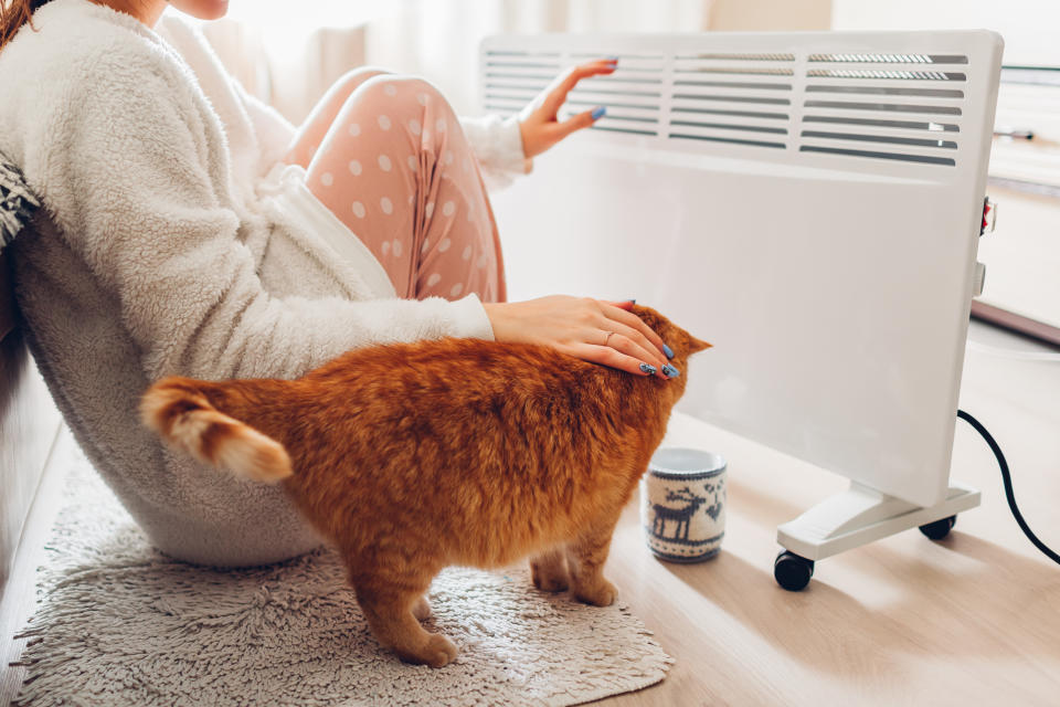 Using heater at home in winter. Woman warming her hands sitting by device with cat and wearing warm clothes. Heating season.