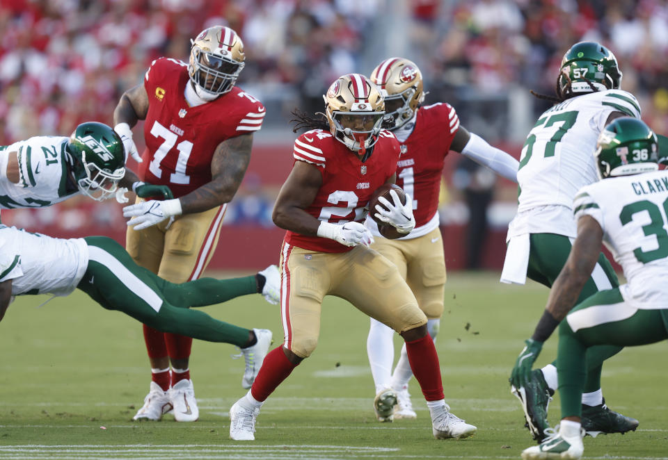 49ers running back Jordan Mason had een grote wedstrijd in de plaats van Christian McCaffrey. (Foto door Lachlan Cunningham/Getty Images)