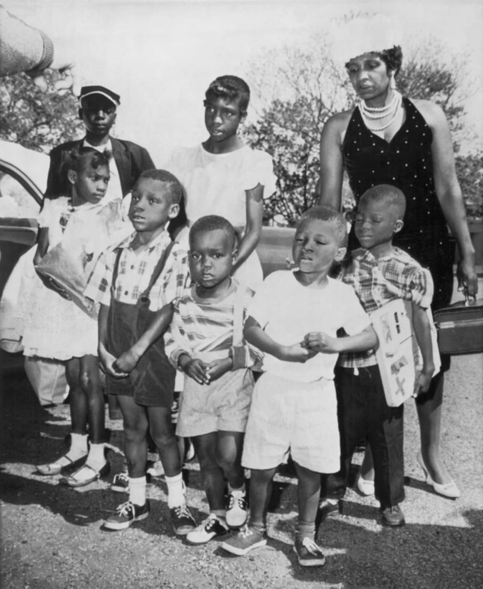 <div class="inline-image__caption"><p>Lela Mae Williams of Huttig, Arkansas, arrives in Hyannis with seven of her nine children hoping to find work, Hyannis, Mass., May 23, 1962. She was given one-way bus tickets for her family and sent there as a "Reverse Freedom Rider" by the Little Rock segregationist citizens council.</p></div> <div class="inline-image__credit">Underwood Archives/Getty Images</div>