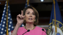 Speaker of the House Nancy Pelosi, D-Calif., meets with reporters at the Capitol in Washington, Thursday, May 23, 2019. (AP Photo/J. Scott Applewhite)